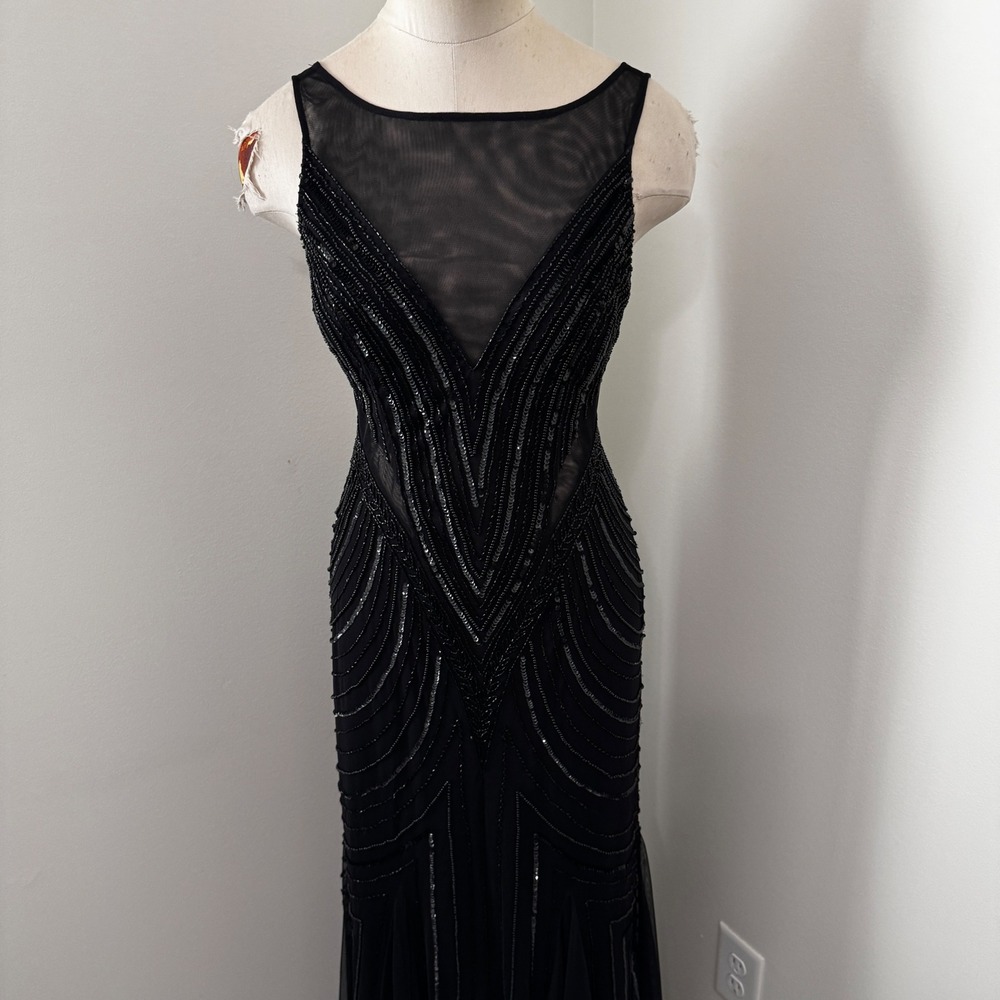 Adrianna Papell 6 Black Beaded Mesh Mermaid Gown Formal Maxi Dress Prom Evening - Picture 3 of 9